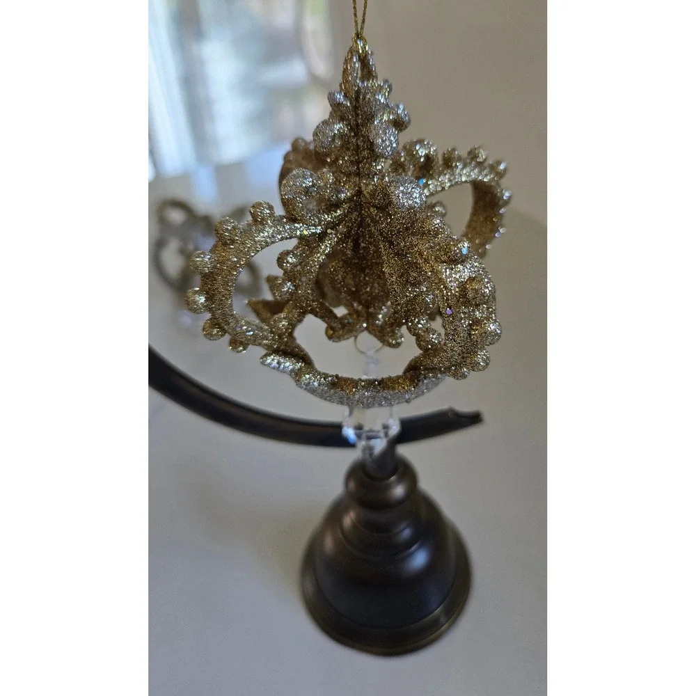 New Kurt Adler Gold Silver Glitter Crown Christmas Ornaments Crystals Set of 2